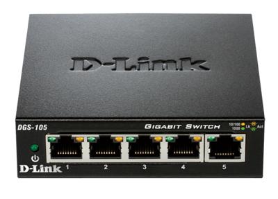 D-Link DGS-105 5-Port Layer2 Gigabit Switch (Tot 2000 Mbit/S Gegevensoverdracht Per Poort, Zonder Ventilator, Metalen Behuizing) Zwart, 5 Ports