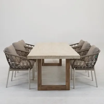 Tuintafel Veltis 250x100cm Travertin met 6x Dining Tuinstoel Dakota Bruin