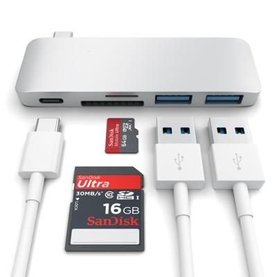 SATECHI Aluminium Type-C USB 3.0 3-in-1 Combo Hub Met USB-C Pass-Through - Voor M2/ M1 Macbook Pro/Air, M2/ M1 iPad Pro/Air, M2 Mac Mini, iMac M1 (Zilver)