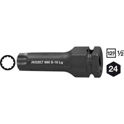 HAZET Krachtdopsleutelbit 990S-14LG · 1/2 inch (12,5 mm) vierkant hol, 24 mm buitenzeskant · Binnenveeltandprofiel XZN · SW M14 HAZET Krachtdopsleutelbit 990S-14LG · 1/2 inch (12,5 mm) vierkant hol, 24 mm buitenzeskant · Binnenveeltandprofiel XZN · SW M14