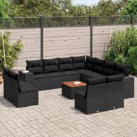 12-delige Loungeset met kussens poly rattan zwart - thumbnail