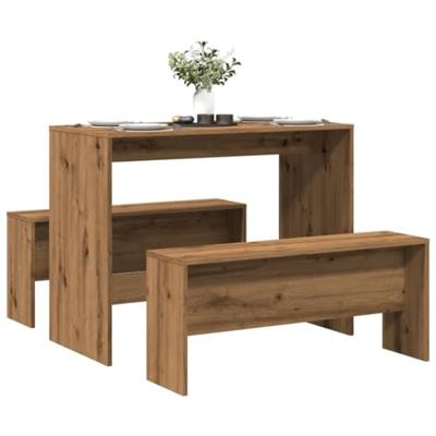 3-delige Eettafel en bankenset bewerkt hout artisanaal eiken