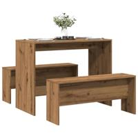 3-delige Eettafel en bankenset bewerkt hout artisanaal eiken - thumbnail