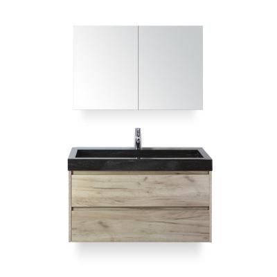 Dante Badmeubelset 100 cm - Craft Oak - Wastafel Hardsteen Wit Lucca - met Spiegelkast