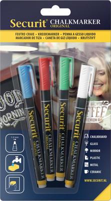 Krijtstift Securit SMA-100 rond 1-2mm wit/blauw/groen/rood blister à 4 stuks