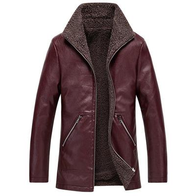 Mannen Casual Revers Warme Lederen Jas (Kleur:Rood Formaat:M)