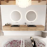 MONDIAZ BUKLA 300cm badmeubel met module 60 kleur Washed Oak met 5 lades. Wastafel CLOUD dubbel 0 kraangaten kleur Urban. - thumbnail