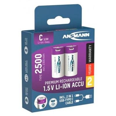 Oplaadbare C batterij (baby) Ansmann LR15 USB-C Li-ion 1.5 V 2500 mAh 2 stuk(s) Oplaadbare C batterij (baby) Ansmann LR15 USB-C Li-ion 1.5 V 2500 mAh 2 stuk(s)
