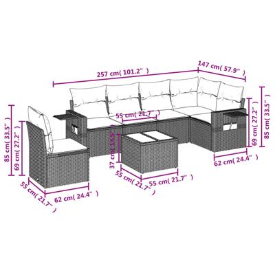 7-delige Loungeset met kussens poly rattan grijs - thumbnail