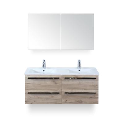 Seville Badmeubelset 120 cm - 4 laden Craft Oak - Wastafel Enjoy Dubbel - met Spiegelkast
