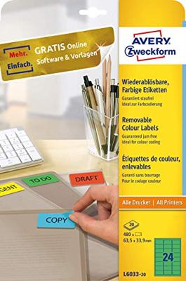 Avery afneembare gekleurde etiketten ft 63,5 x 33,9 mm (b x h), 480 stuks, 24 per blad, groen Avery afneembare gekleurde etiketten ft 63,5 x 33,9 mm (b x h), 480 stuks, 24 per blad, groen