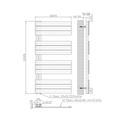 Belrad Handdoekradiator - links - aansluiting/comb - 1200X600mm- Wit BUCW1200600
