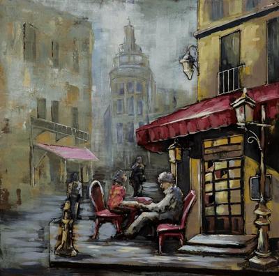 Schilderij - metaalschilderij -Café op de hoek 100x100cm