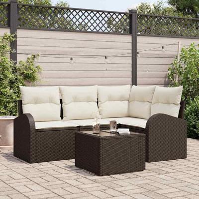 Tuinbankenset met kussen 5 pcs Bruin en wit poly rattan