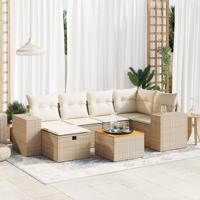 7-delige Loungeset met kussens poly rattan beige - thumbnail