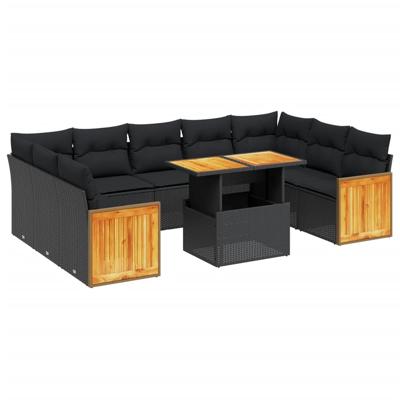 10-delige Loungeset met kussens poly rattan acacia zwart