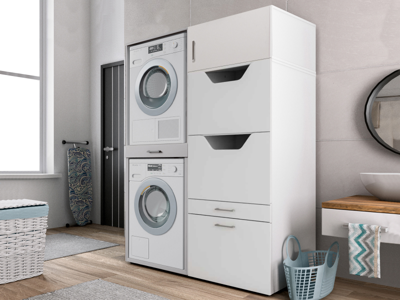 Wasmachinekast WASHING 2 machines boven elkaar met kast voor wasgoed wit met 1 opzetkast