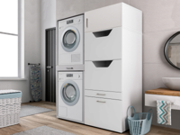 Wasmachinekast WASHING 2 machines boven elkaar met kast voor wasgoed wit met 1 opzetkast - thumbnail