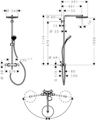 Hansgrohe Pulsify S Puro Showerpipe 260 1jet met thermostaat en handdouche 3jet, Brushed Bronze