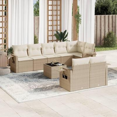 9-delige Loungeset met kussens poly rattan beige