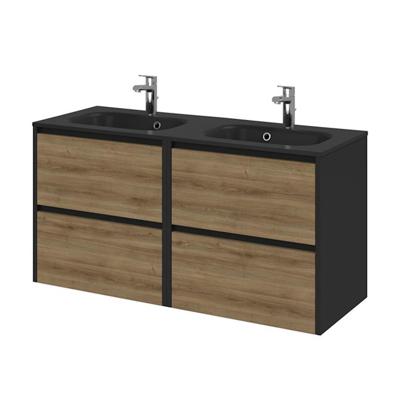 Tiger Reverse Meubelset 120 cm met 4 lades Chalet eik - Mat zwart incl Oval wastafel dubbel Mat zwart - 800327