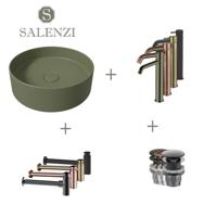 Salenzi Waskomset Hide Circle 40x12 cm Incl Hoge Kraan Mat Legergroen - thumbnail