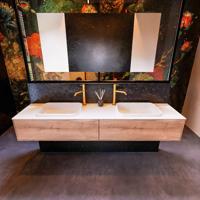 Badkamermeubelset Mondiaz Erin 200 cm met 2 Lades met RIDGE Wastafel Dubbel Talc met 2 kraangaten Greeploos Mat Washed Oak - thumbnail