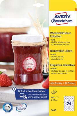 Avery-Zweckform 5080 Universele etiketten Ø 40 mm Papier Wit 1 set(s) Weer verwijderbaar Inkjet, Laser (zwart/wit), Laser (kleur)