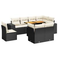 9-delige Loungeset met kussens poly rattan zwart - thumbnail