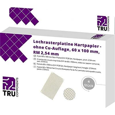TRU COMPONENTS Printplaat Zonder Cu-laag Hardpapier (l x b) 100 mm x 60 mm 35 µm Rastermaat 2.54 mm Inhoud 4 stuk(s)
