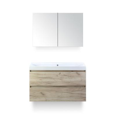 Maxx XL Badmeubelset 100 cm - Craft Oak - Wastafel Just Zonder kraangat - met Spiegelkast