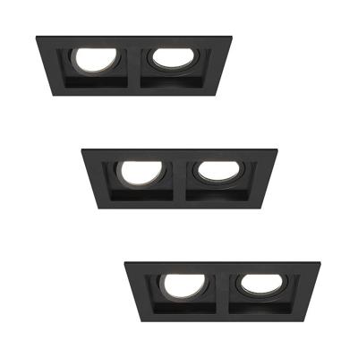 Set van 3 Fresno Dubbele Inbouwspot - Rechthoek - 2x GU10 - 6500K Daglicht wit - 8 Watt 690 Lumen - Kantelbaar - IP20 stofdicht - Zwart