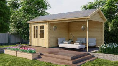 Blokhut Ove 250x300 cm + luifel 340 cm - Bruin geïmpregneerd- Zadeldak- Geïmpregneerd vurenhout- Tuindeco