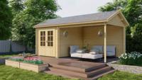 Blokhut Ove 250x300 cm + luifel 340 cm - Bruin geïmpregneerd- Zadeldak- Geïmpregneerd vurenhout- Tuindeco - thumbnail