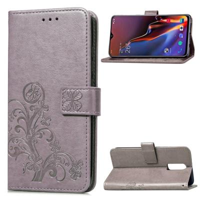 Lucky Clover ingedrukt bloemen patroon lederen draagtas voor OnePlus 6T met houder & kaartsleuven & portemonnee & hand strap (grijs)