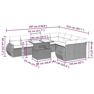 10-delige Loungeset met kussens poly rattan zwart - thumbnail