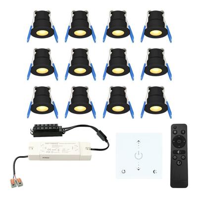 Set van 12 Milano LED Mini Inbouwspots met trafo en muurdimmer - 12 Volt 3 Watt 200 lumen - Dimbaar - Plat 34mm - 2700K - IP65 waterdicht - Zwart