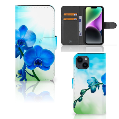 iPhone 15 Hoesje Orchidee Blauw - Cadeau voor je Moeder | Portemonnee hoesje iPhone 15 Hoesje Orchidee Blauw - Cadeau voor je Moeder | Portemonnee hoesje