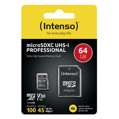 Intenso Professional microSDXC-kaart 64 GB Class 10, UHS-I Incl. SD-adapter