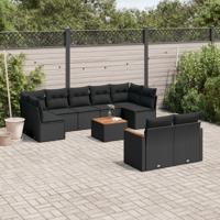 10-delige Loungeset met kussens poly rattan zwart - thumbnail