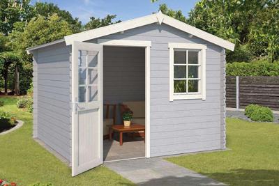 Outdoor Life Nina Blokhut 295x250 cm 28 mm vuren Platinum Grey-Wit gecoat- Zadeldak- - Outdoor Life