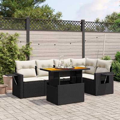 6-delige Loungeset met kussens poly rattan zwart