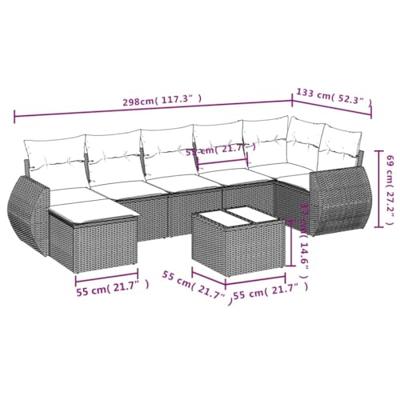 8-delige Loungeset met kussens poly rattan grijs