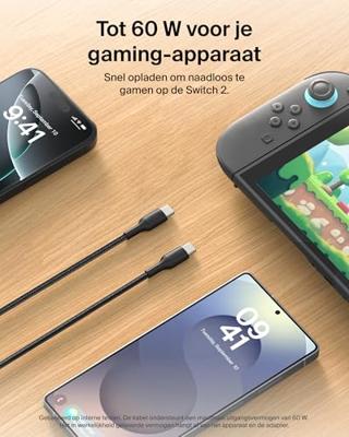Belkin Gaming USB-C/USB-Kabel 60 W (2m), Gevlochten Snellaadkabel type C voor Nintendo Switch 2, iPhone 16, iPhone 15, iPad, MacBook Air, Chromebook, Samsung Galaxy S25 Ultra en meer - Zwart
