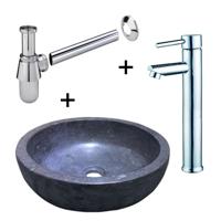 Natuursteen waskomset Compleet Inclusief Hoge Kraan Chroom Waskom en Sifon - thumbnail