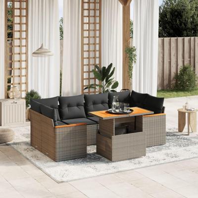 7-delige Loungeset met kussens poly rattan grijs