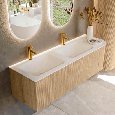 Mondiaz KURVE 145 cm Onderkast Greeploos 1 Lade Met Deuren Oak, Wastafel Solid Surface Links Talc 2 Kraangaten Zonder Spiegel (KRVCLO145R1L1D2KD-Oak/Tal)