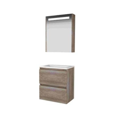 Basic-Line Premium 39 Badkamermeubelset - Ondiep - 100 x 39 cm - Greeploos - 2 Lades - Acryl Wastafel - 1 Kraangat - Spiegelkast met LED Verlichting - Scotch Oak