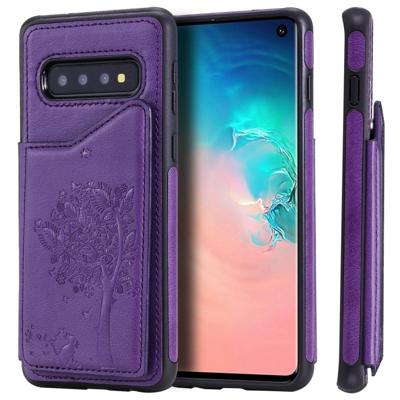 Voor Galaxy S10 kat boom reliëf patroon schokbestendige beschermende case met kaartsleuven & fotolijstjes (paars)