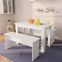 Eettafel en banken 3 st bewerkt hout wit - thumbnail